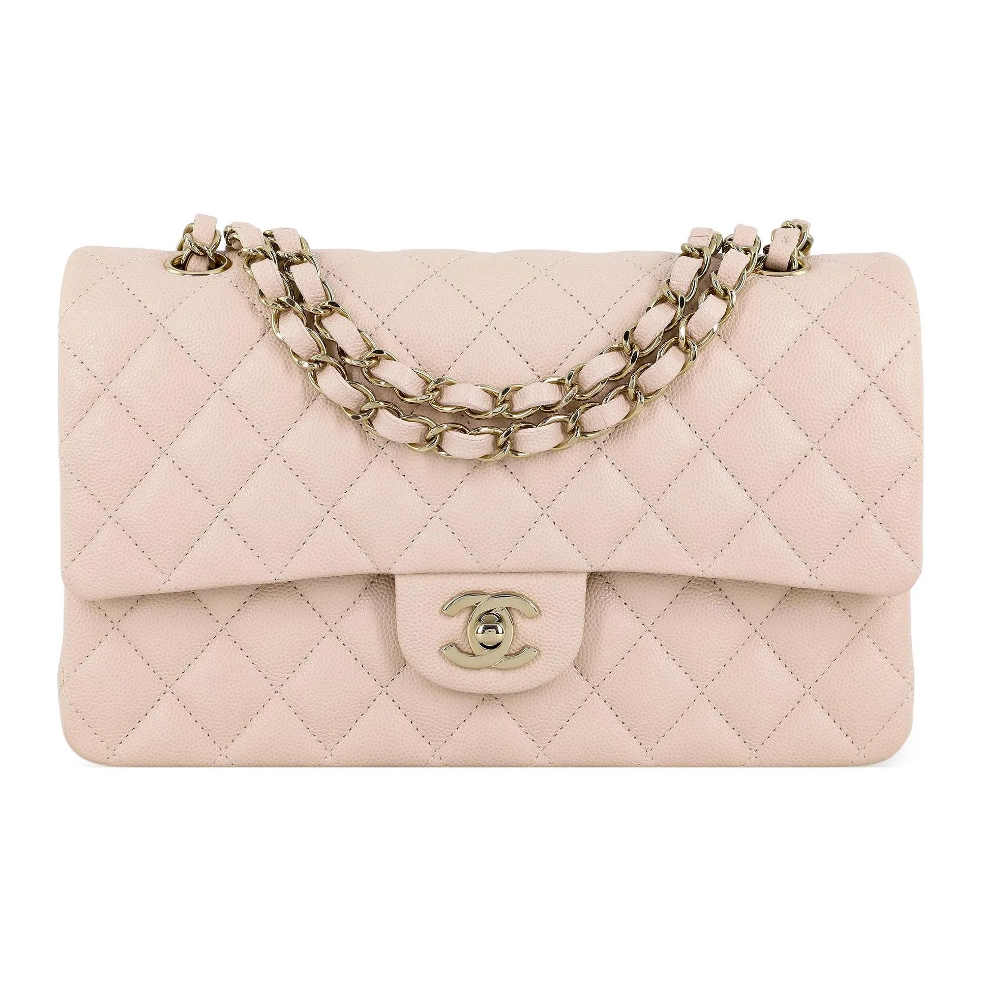 CHANEL Classic Flap CF Grain Calfskin Handbag, Crossbody Bag Women's Ivory