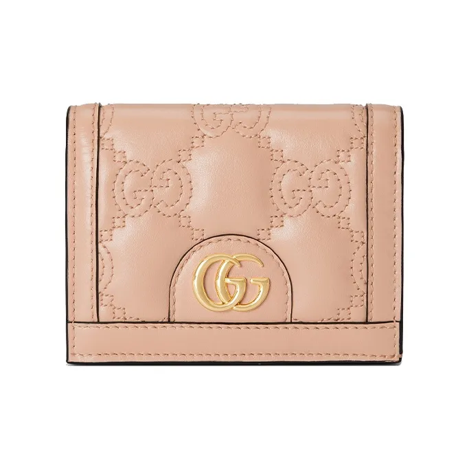 GUCCI GG Matelassé Leather Card Holder, Wallet Trumpets Women's Rose Beige