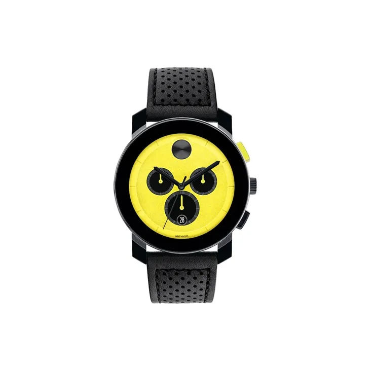 MOVADO Кварцевый механизм Мужские часы Часы 43,5 мм Желтый циферблат Корпус из нержавеющей стали Кожаный ремешок