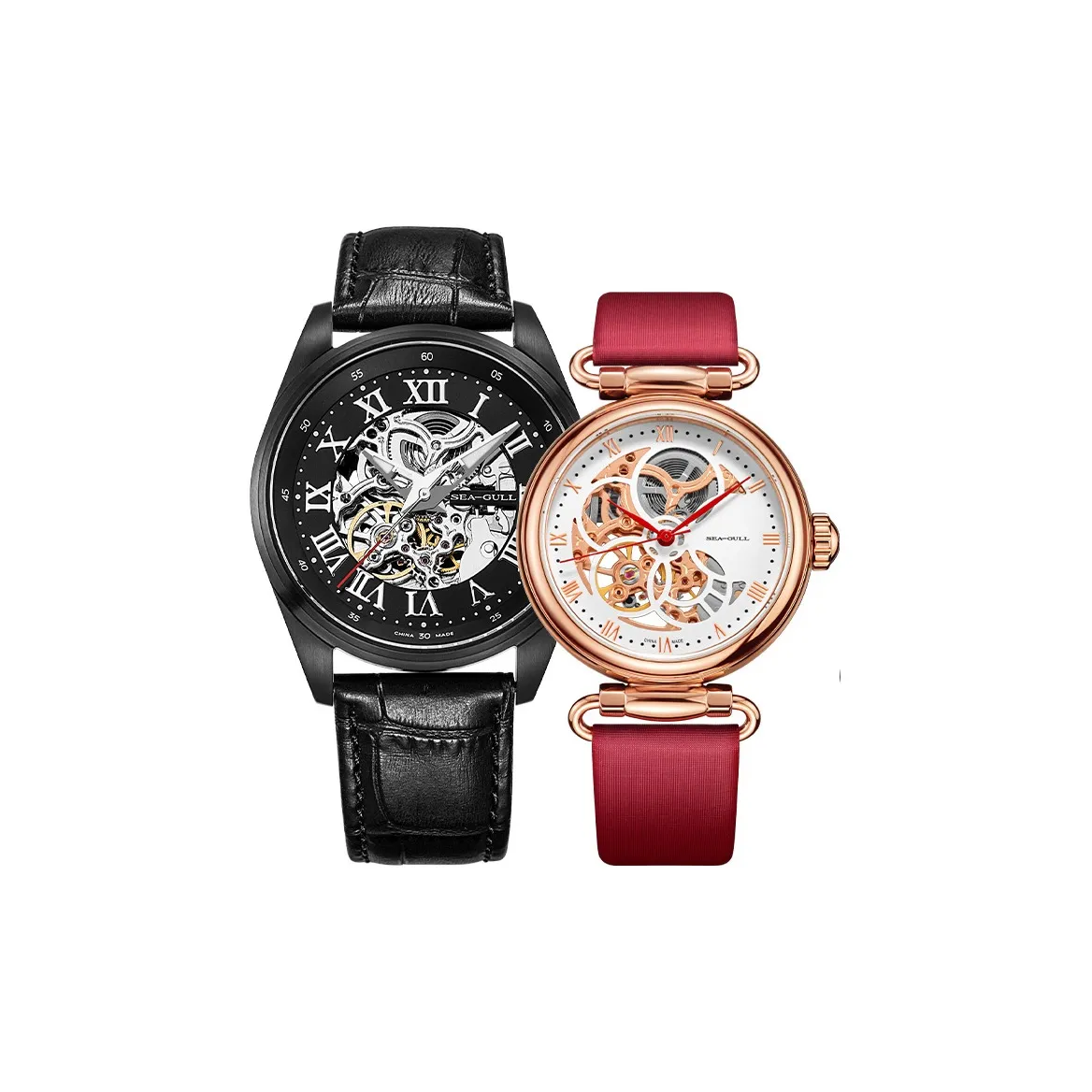 Sea Gull Frontier Automatic Mechanical Movement Genuine Leather Strap Watch Unisex Black Dial