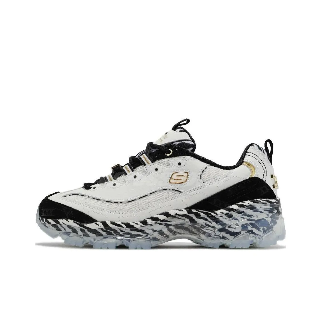 Skechers D'LITES CRYSTAL Low Top Chunky Sneakers Women's Black White Gold