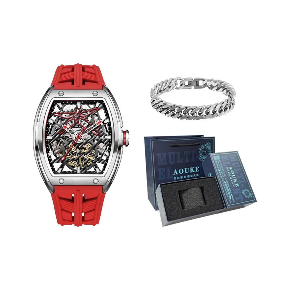 AOUKE Mechanical Movement Silicone Strap Watch Men
s Watches Cut-Out Dial