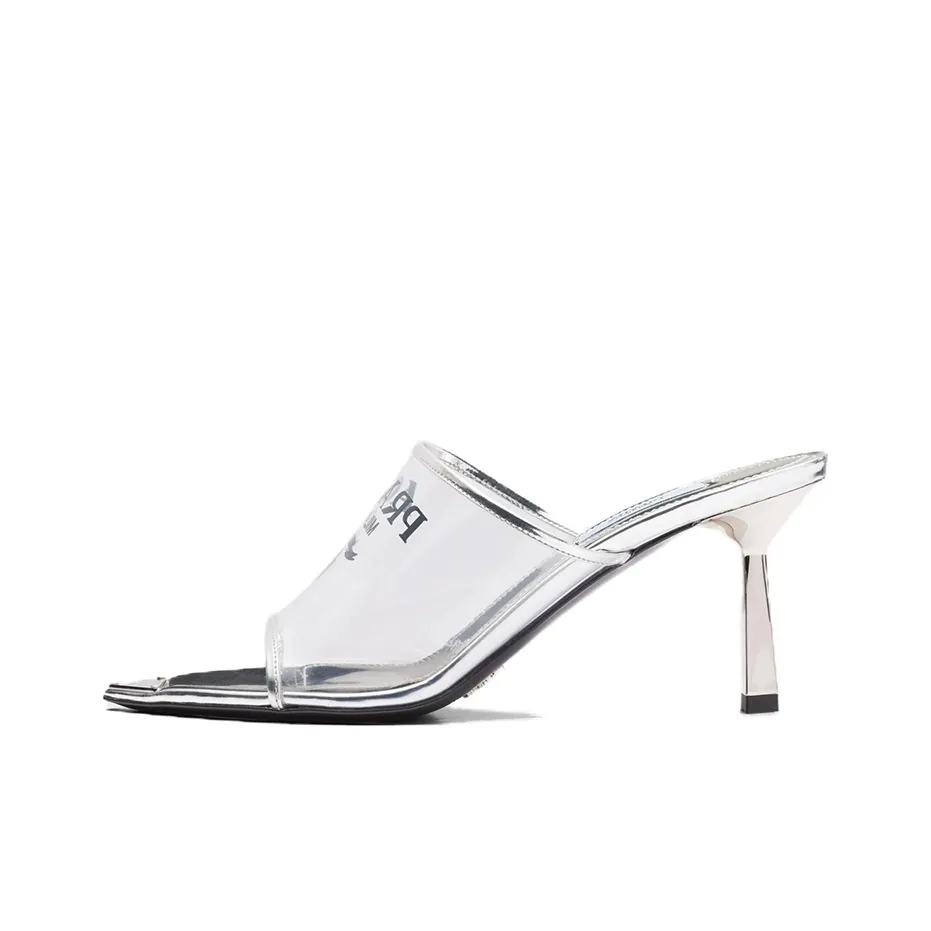 PRADA Plexiglas 75mm Pointy High Heels Silver Leather Women's