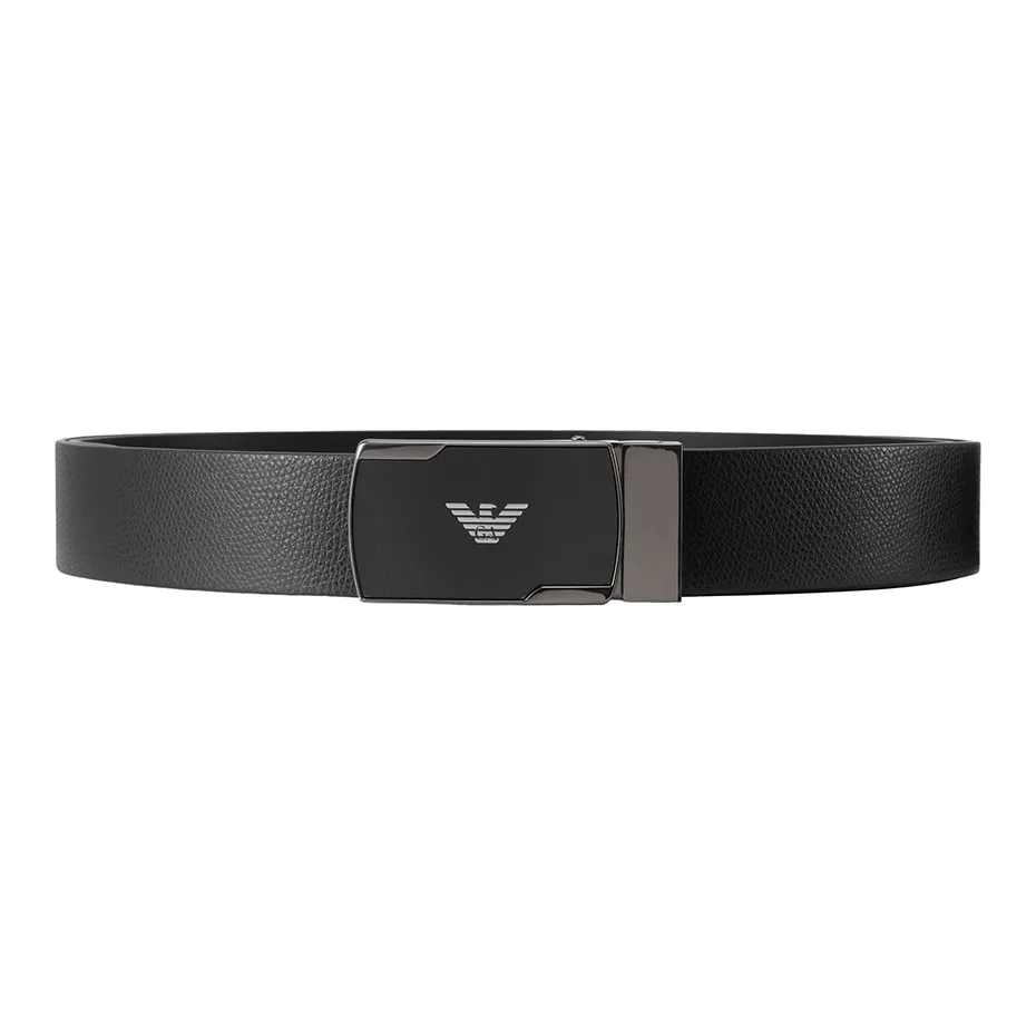 EMPORIO ARMANI Logo Emblem Smooth Buckle Leather Belts Men's Black Width 3.5cm