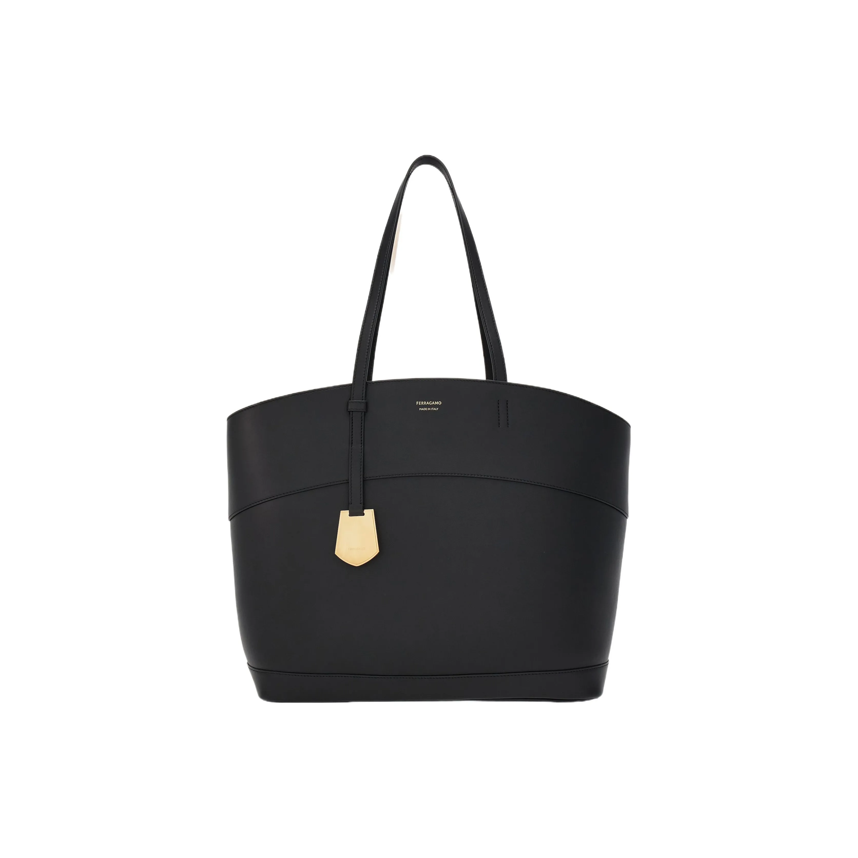 FERRAGAMO Smooth Calf Leather Tote Bag, Shopping Bag, Handbag Medium Size Women's Black