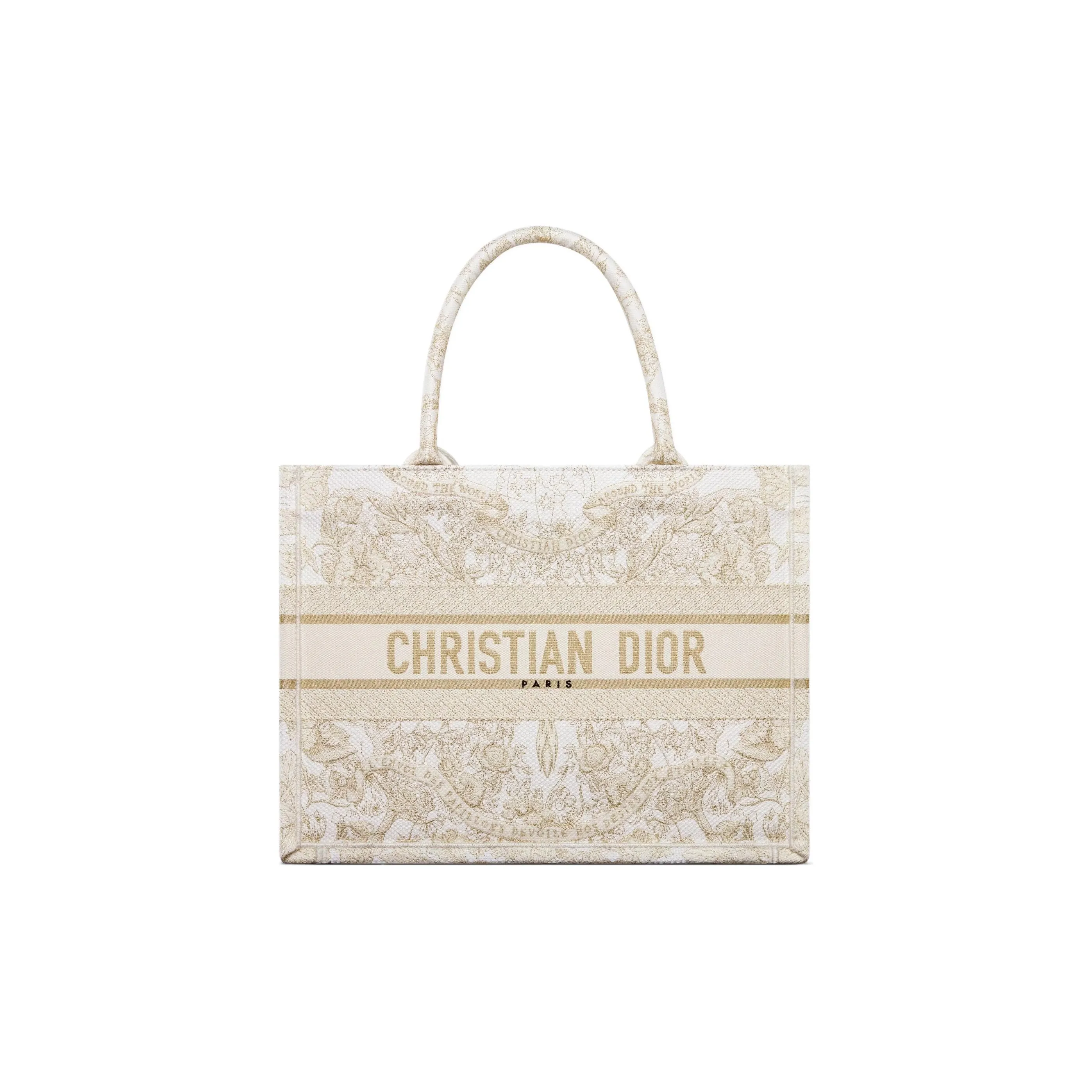 DIOR Embroidery Tote Bag, Shopping Bag, Handbag Medium Size Women's Gold & White