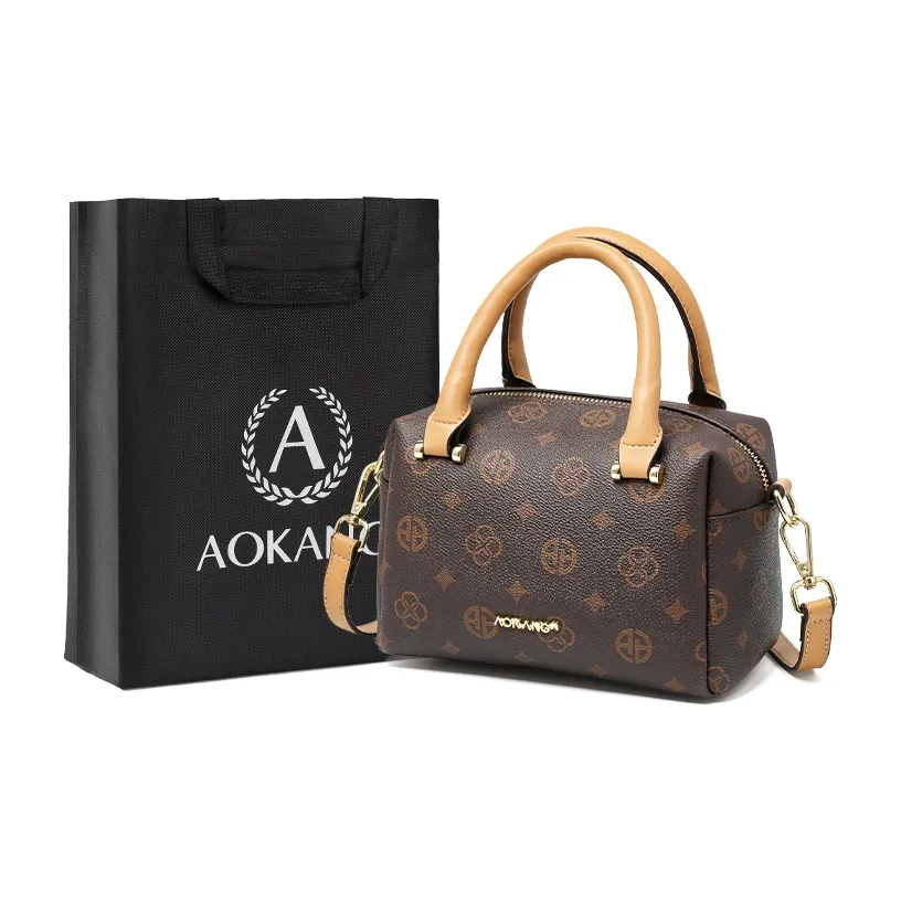 AOKANG PVC Boston Bag, Monogram Bag, Commute Bag, Crossbody Handbag Regular Women's Coffee/Ecru