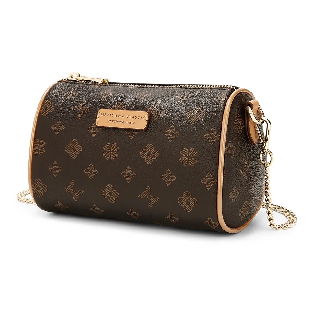 MEXICAN Поливинилхлорид Кожа Сумка через плечо Сумка на плечо Цилиндрическая сумка Стандартная Женская Темно-коричневый Экрю