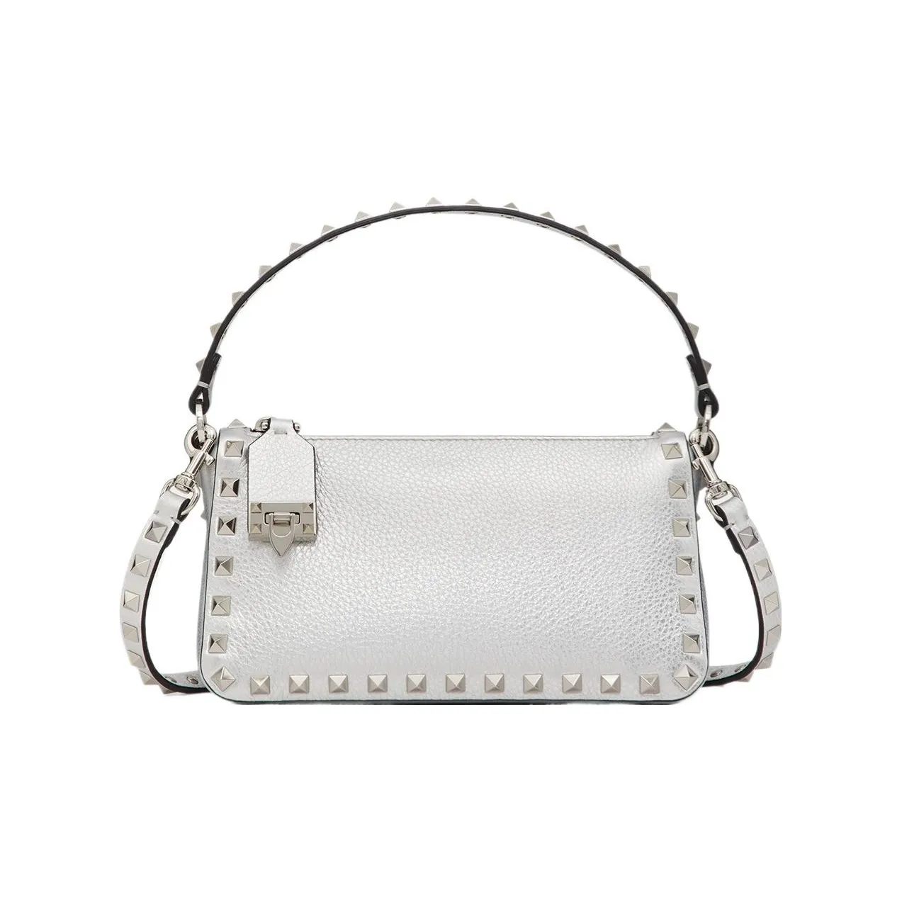 Valentino Rockstud Grained Calfskin Baguette Bag Shoulder Bag Handbag Small Size Women's Silver