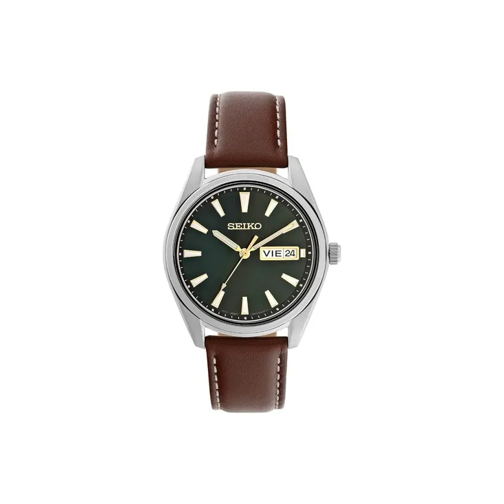 SEIKO Кварцевый механизм кожаный ремешок часы для мужчин зеленый циферблат модель SUR449P1