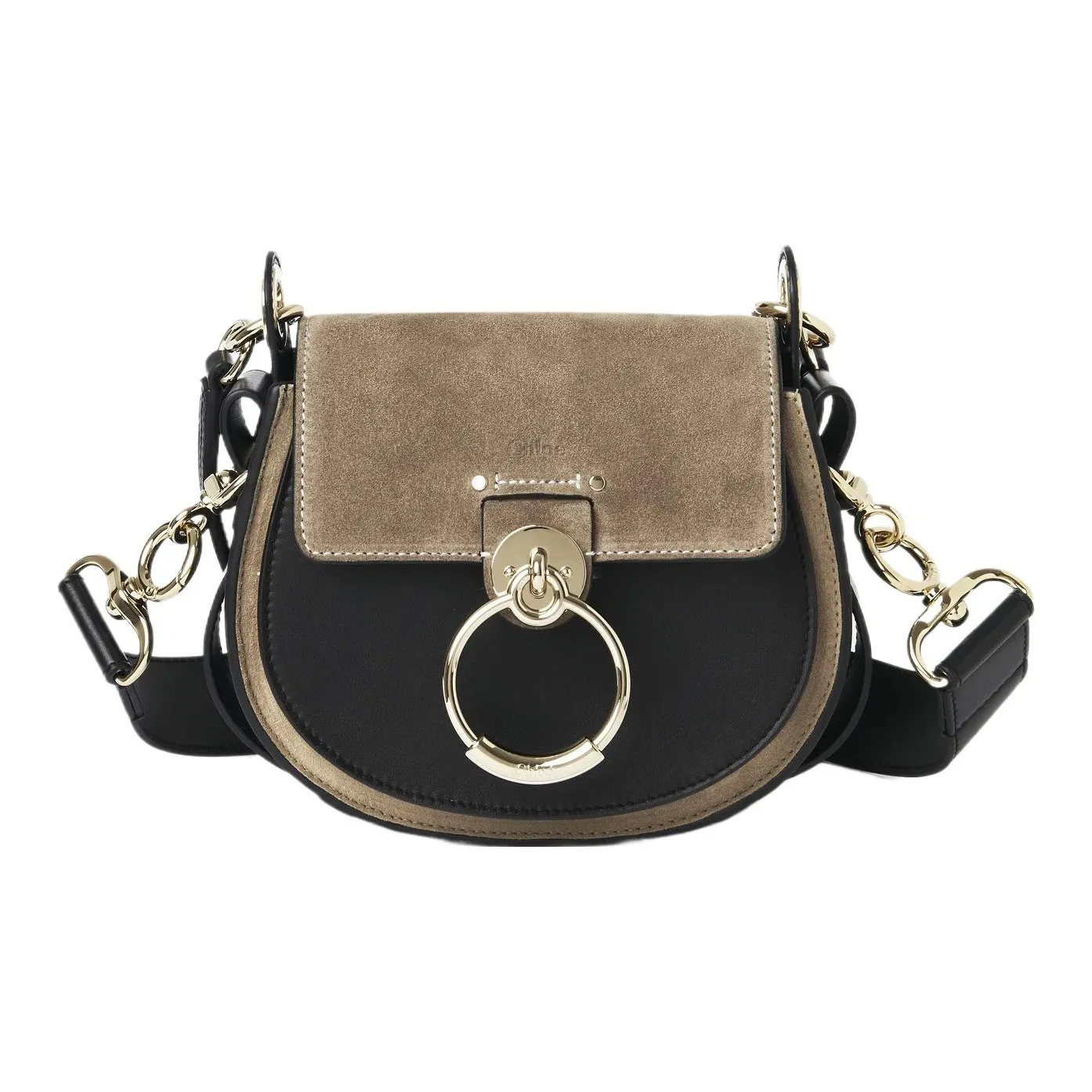 Chloe Tess Calfskin Patchwork With Linen Shoulder Bag Crossbody Bag Small Size Women's Black