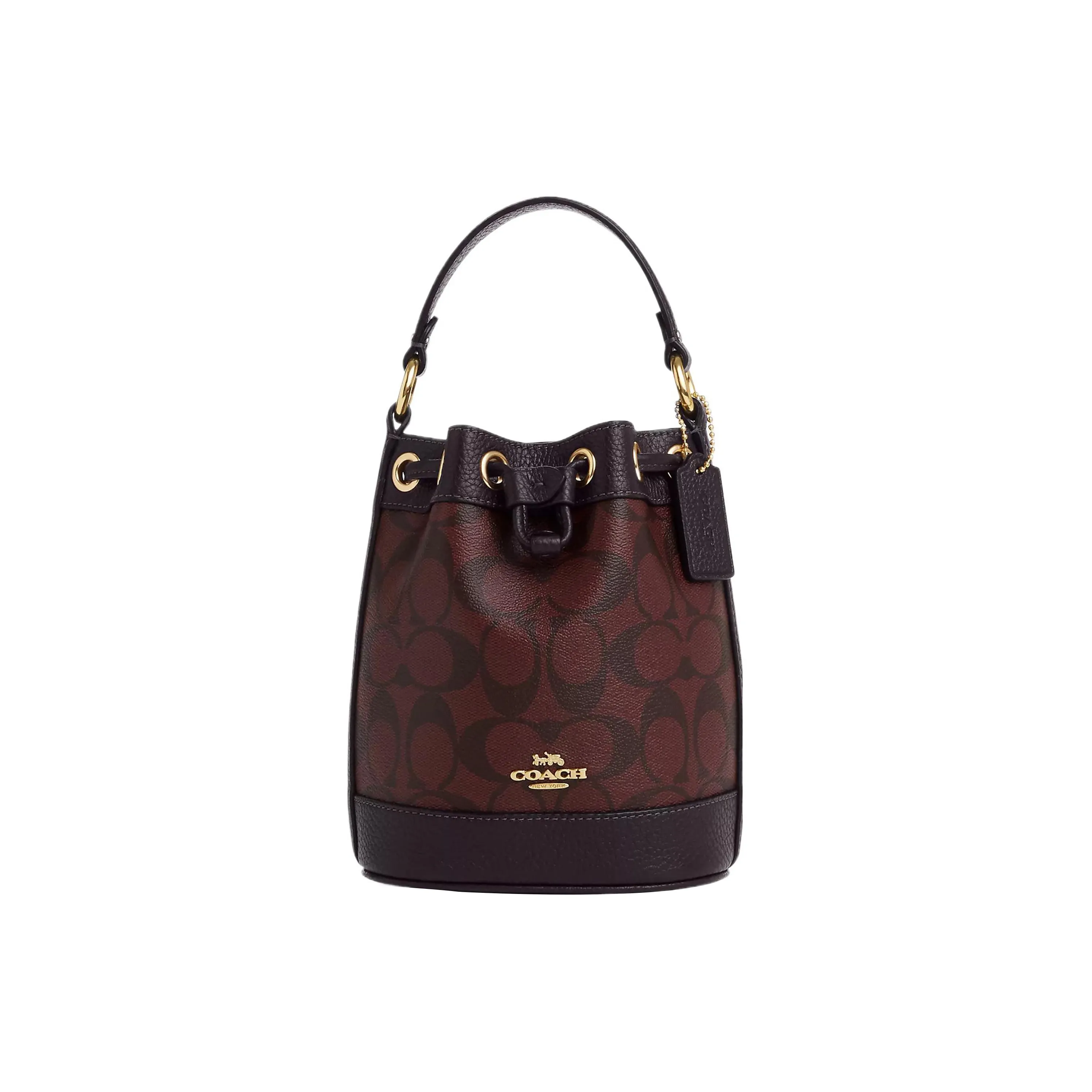 COACH Dempsey Pebble Leather Bucket Bag, Shoulder Bag, Crossbody Bag, Handbag Mini Women's Gold & Dark Red