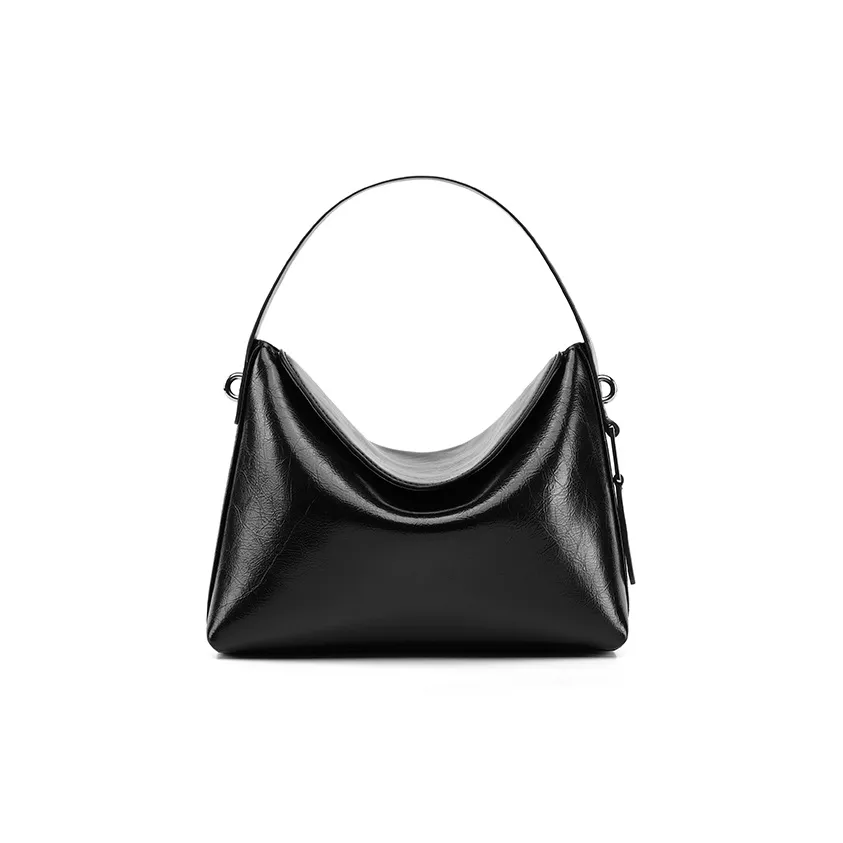 LA FESTIN Oil Wax Cow Leather Bucket Bag, One Shoulder Handbag Women's Knight Black/La Fee Red/Aurora Silver