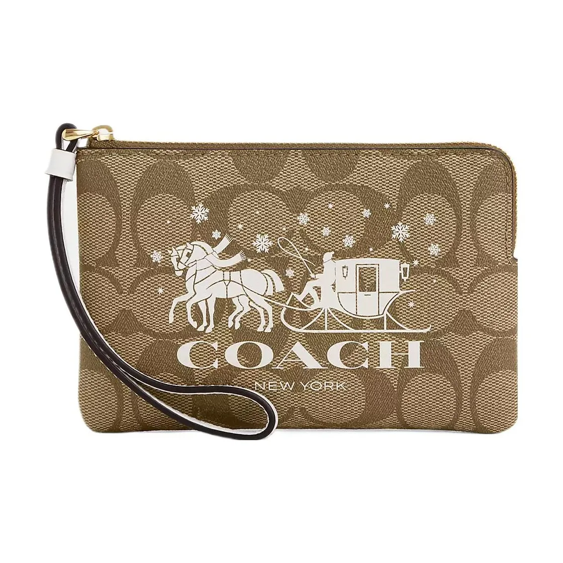 COACH Corner Zip Coated Canvas With Smooth Leather Clutch Women's Gold & Khaki & Chalk