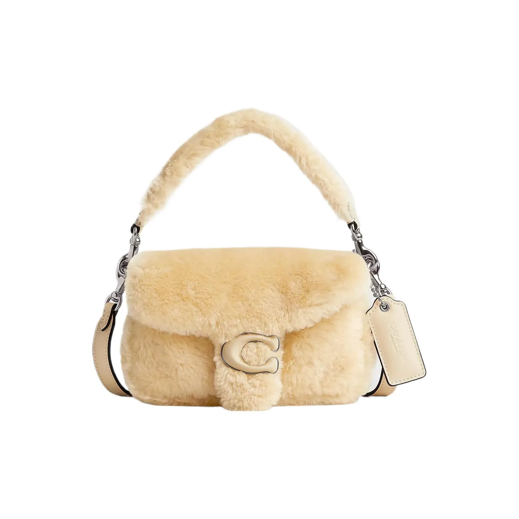 COACH Pillow Sheared Wool Handbag Shoulder Bag Small Size Women's Silver & Cream