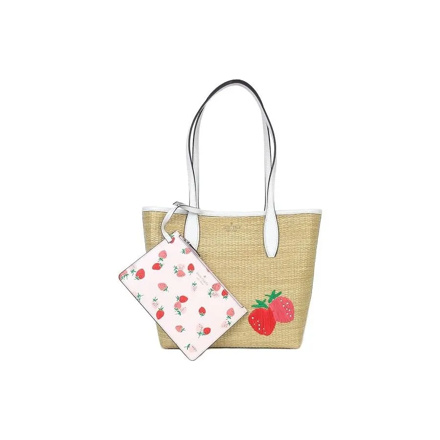 Kate Spade Embroidery Tote Bag Shopping Bag Shoulder Bags Women's Khaki & White