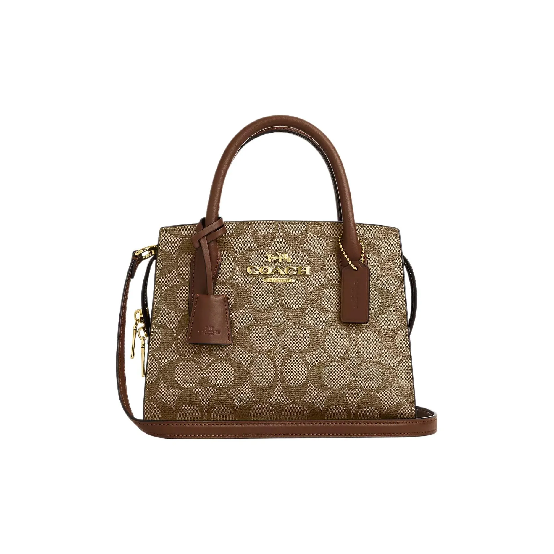 COACH Coated Canvas With Smooth Leather Tote Bag Shopping Bag Shoulder Bag Handbag Small Size Women's Khaki
