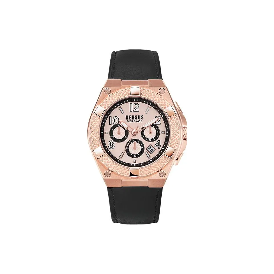 VERSUS VERSACE Мужские часы Кварцевый механизм Естественная кожа Ремешок Золотистый циферблат