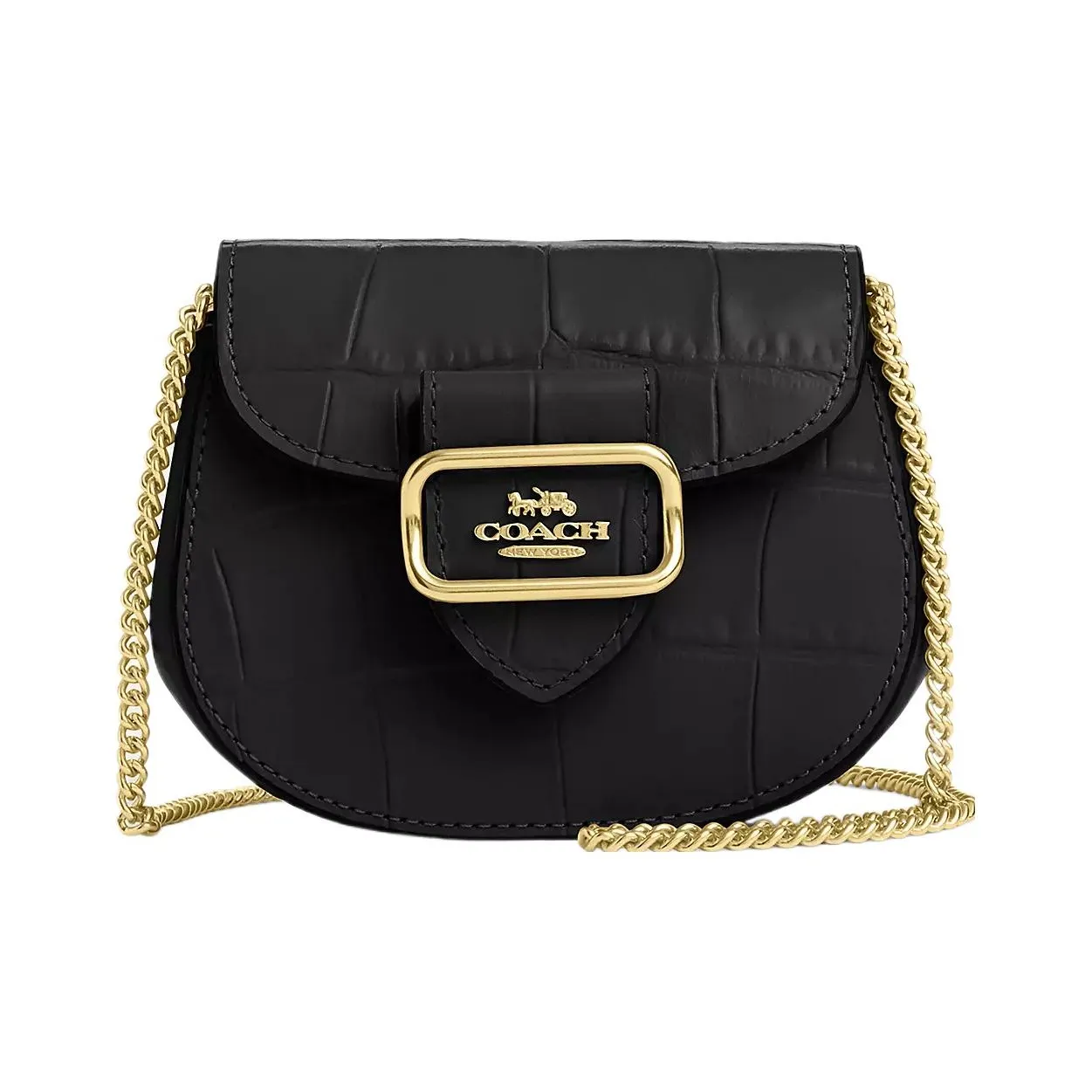 COACH Morgan Crocodile Embossed Leather Saddle Bag, One Shoulder Crossbody Card Holder Mini Women's Gold & Black