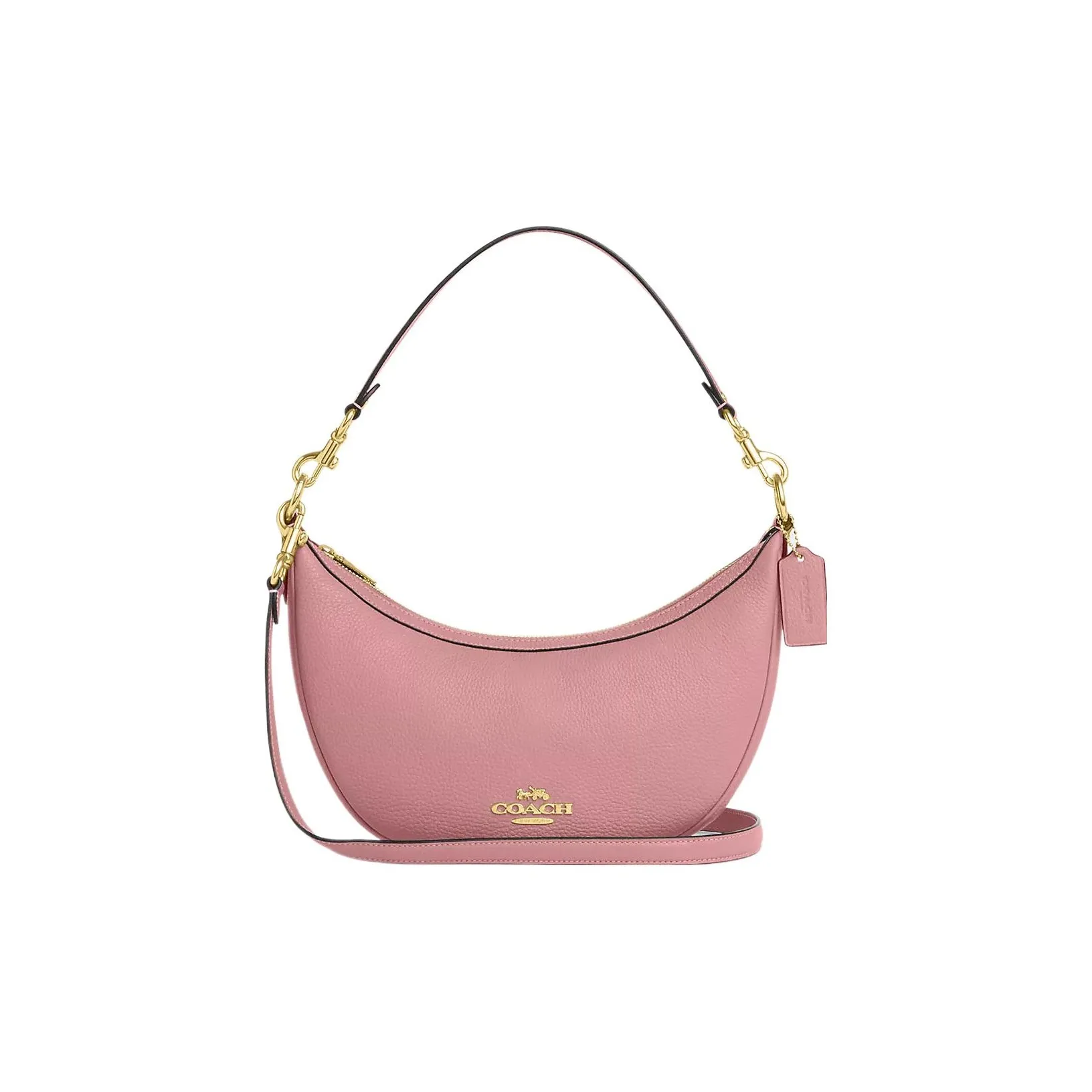 COACH Leather Crescent Bag, Handbag, Shoulder Bag Medium Size Women's Gold & True Pink