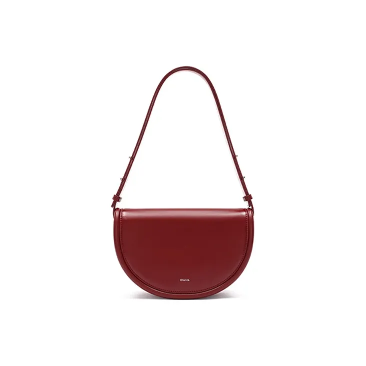 MUVA Cow Leather Saddle Bag, Shoulder Bag, Crossbody Bag Medium Size Women's Party Red/Burnt Tea Brown/Milkshake White