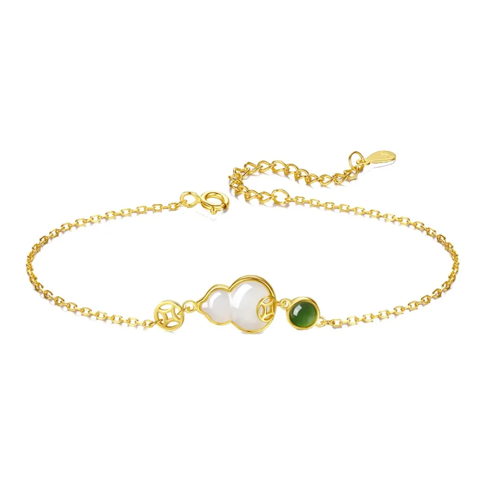 SEVEN COOK S925 Silver Gourd And Coin Hetian Jade Bracelet Women's Pale Greenish White Jade