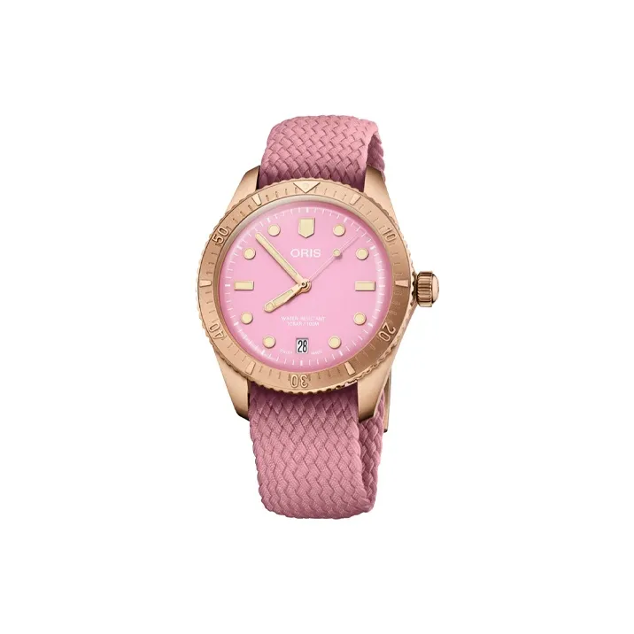 Oris Automatic Mechanical Movement Unisex Watch 38mm Pink Watch Dial Bronze Watch Case Fabric Strap