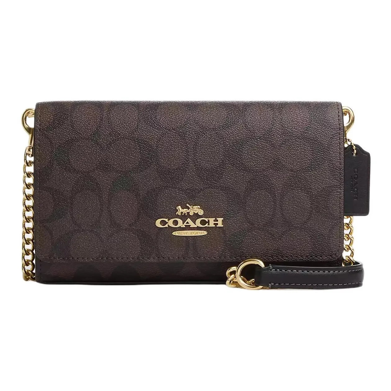 COACH Clutch Canvas With Leather Shoulder Bag, Crossbody Bag Trumpets Women's Brown Black