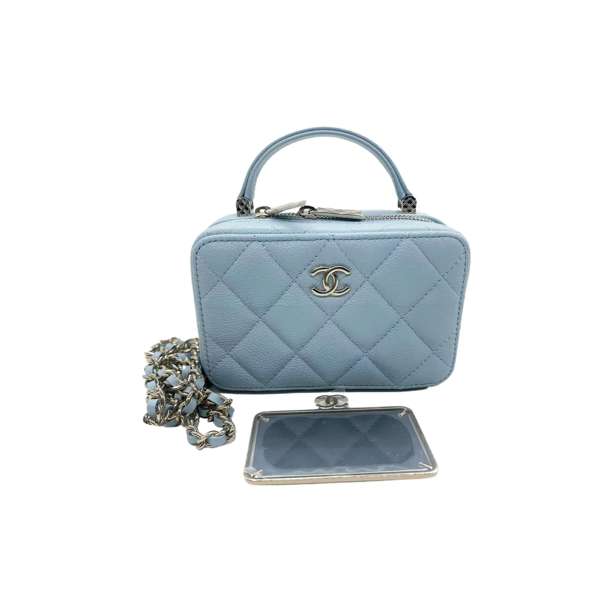 CHANEL 22P Litchi Grain Cow Leather Box Bag, One Shoulder Handbag Mini Women's Blue