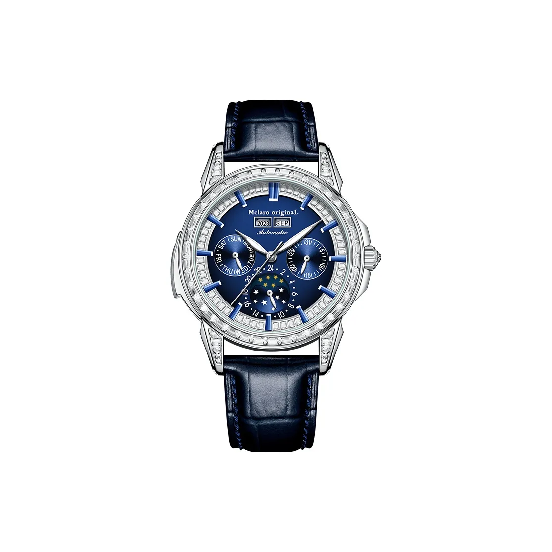 McElo Ultimate Master Three Eyes Automatic Mechanical Movement Genuine Leather Strap Watch Men's Watches Blue Dial