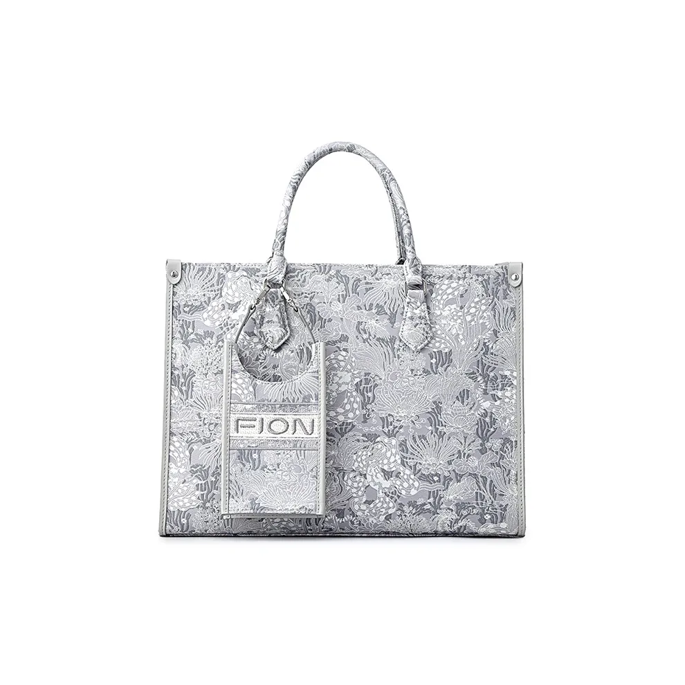 FION Clever Brocade Series Текстиль Коровья кожа Сумка на плечо Комбинированная сумка Тоут Сумка Женская Светло-серый
