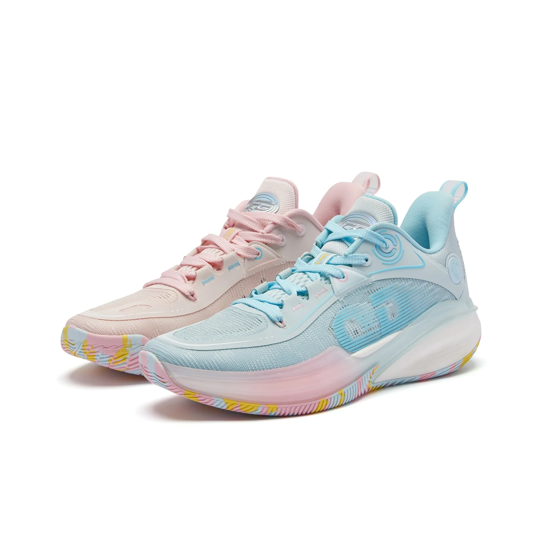 QIAODAN FE1.0 Mismatched Color Cushioning Anti Slip And Wear Resistant Rebound Low Top Basketball Shoes Men's Pink Blue