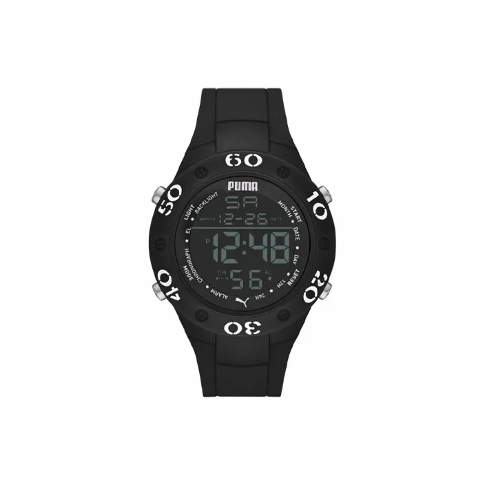 PUMA Наручные часы Кварцевый механизм Пластиковый ремешок 49 мм Черный циферблат Мужские часы