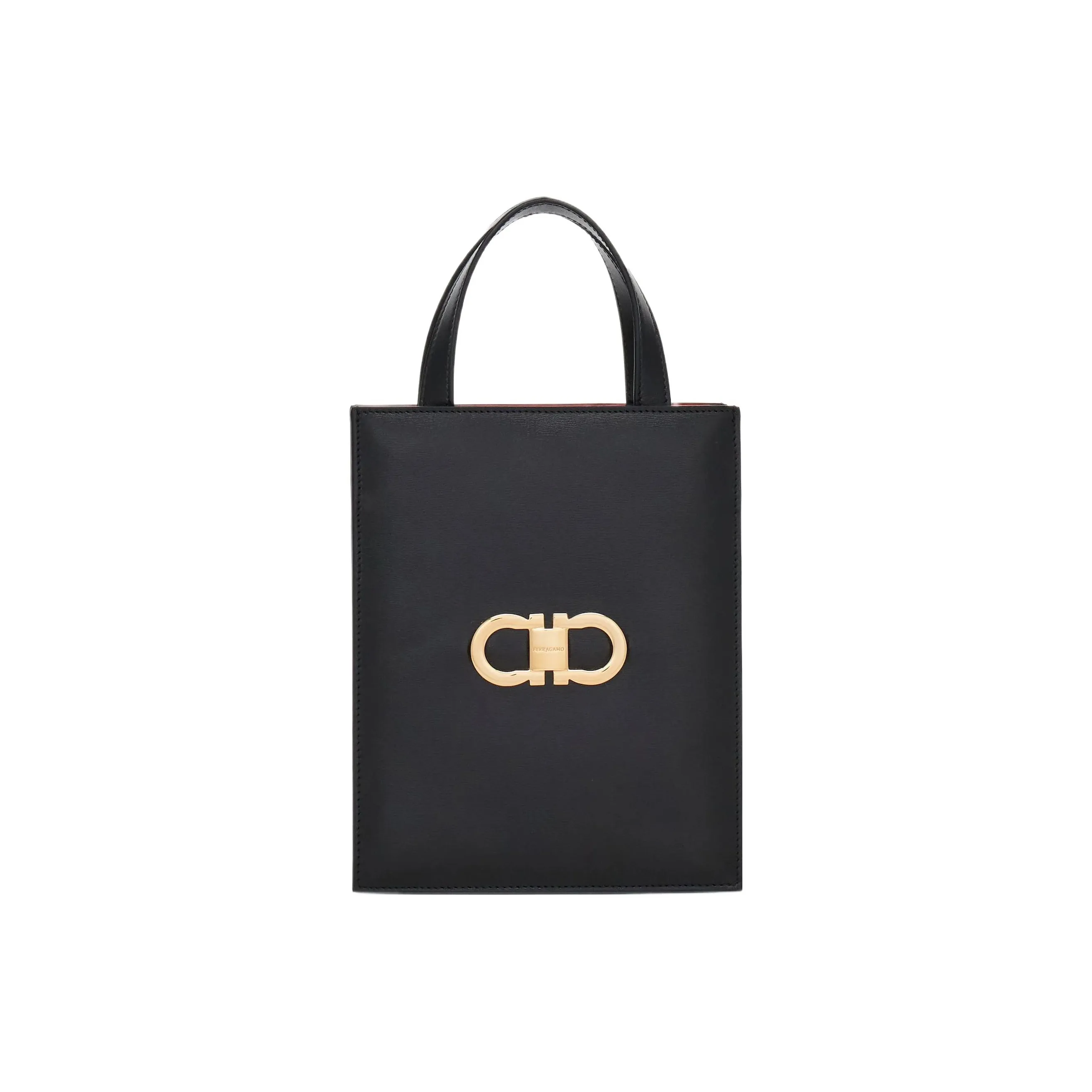 FERRAGAMO GANCINI Palm Calfskin Tote Bag, Shopping Bag, Handbag Mini Women's Black & Flame Red