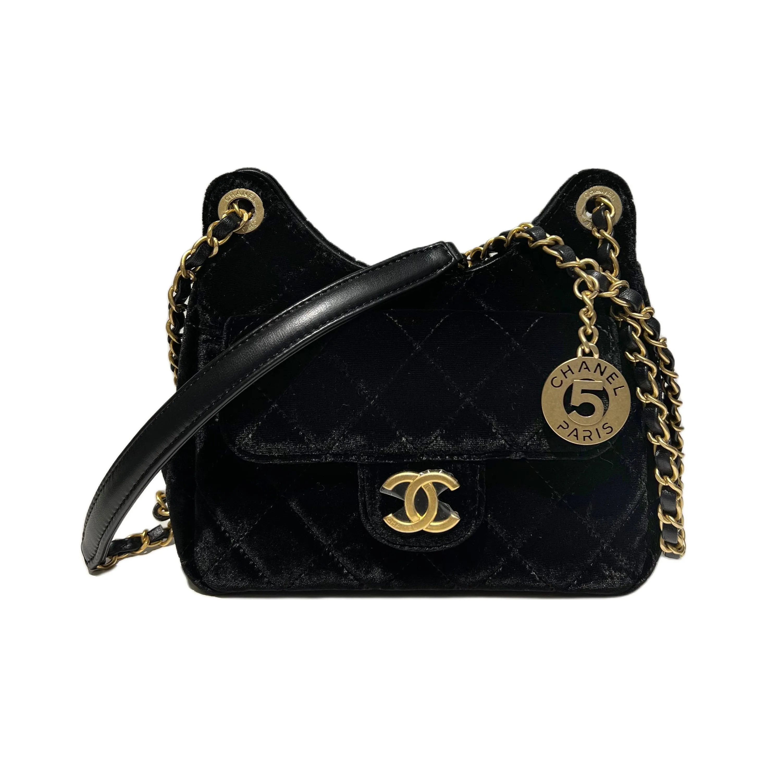 CHANEL Velvet Hobo Bag, Crossbody Bag, Shoulder Bag Trumpets Women's Black