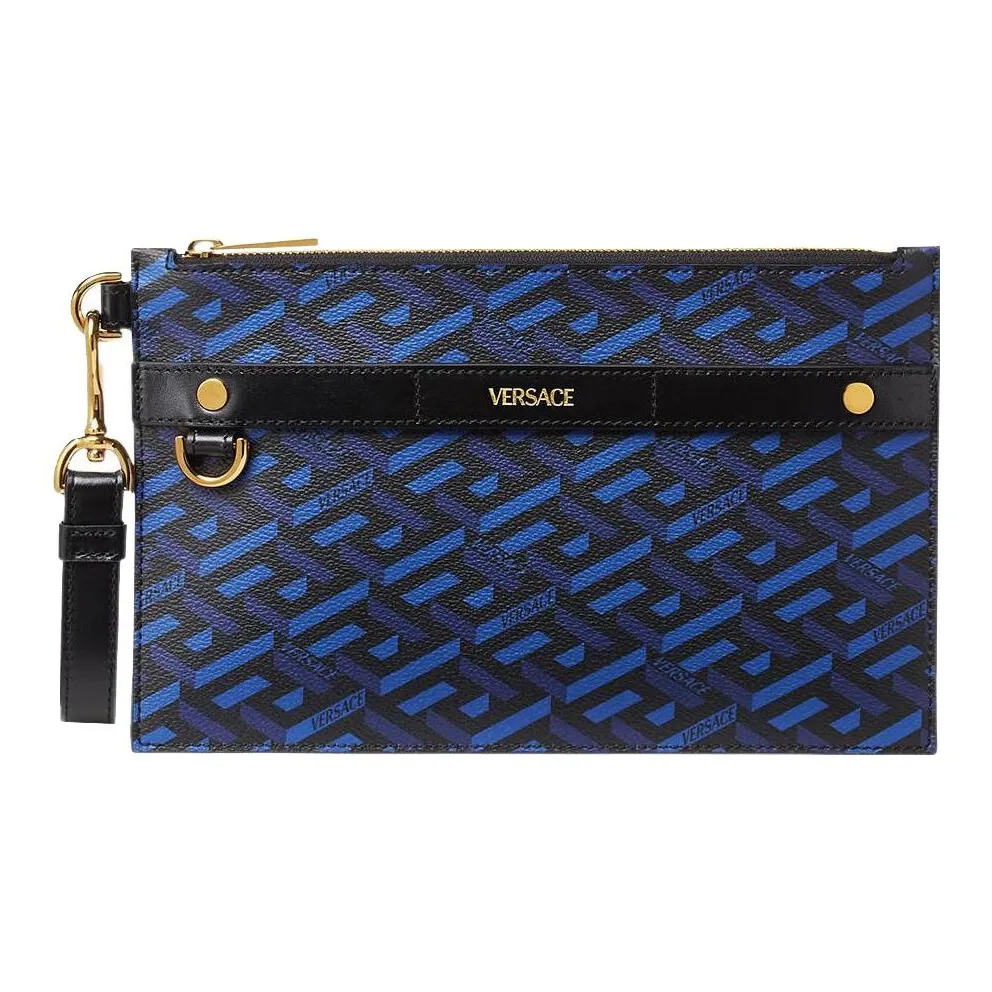 VERSACE Grain Leather Trim Clutch Medium Size Men's Blue