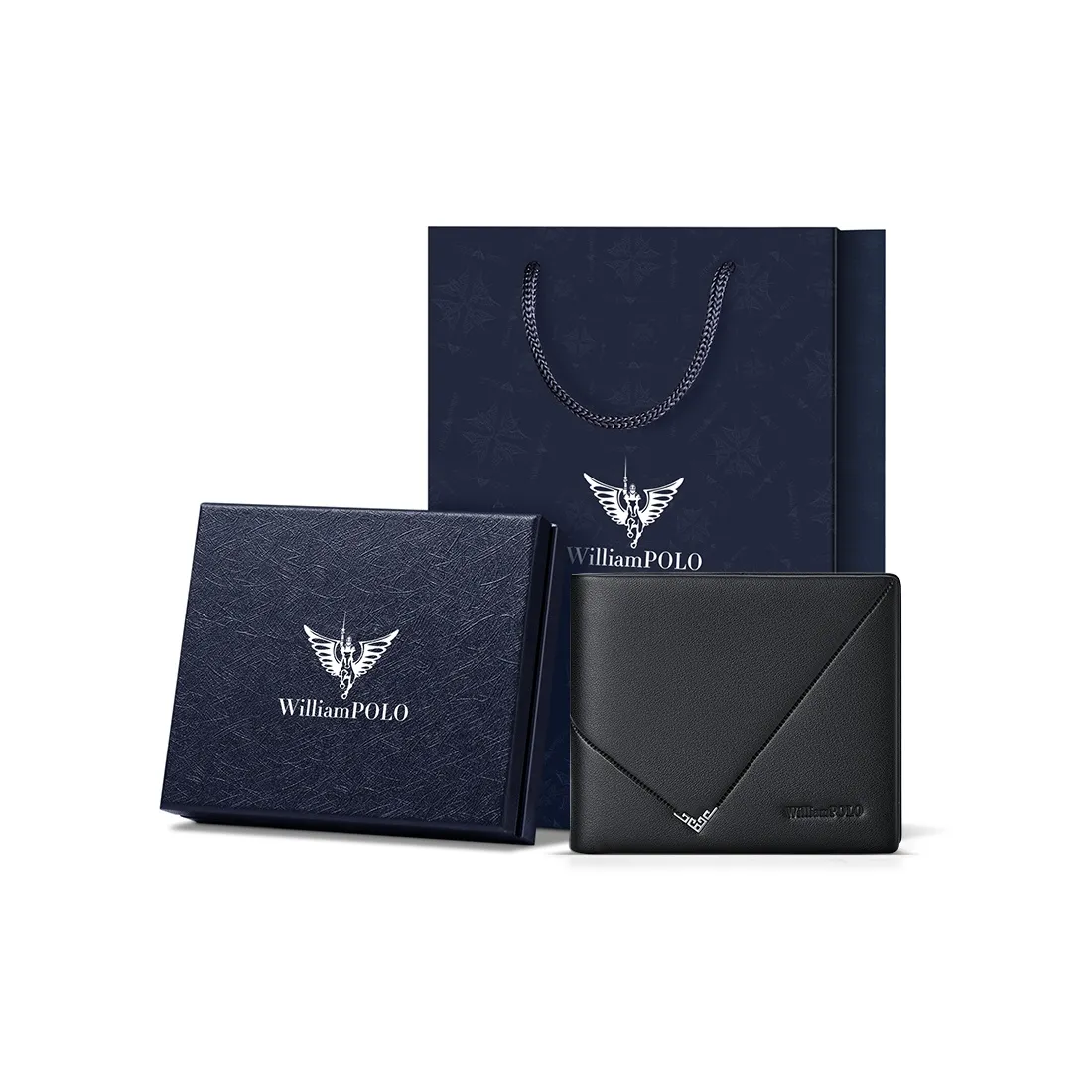 WilliamPOLO Top Grain Cow Leather Long Cropped Wallet Card Holder Men's Black