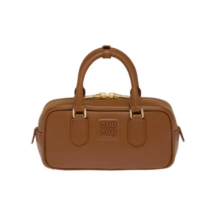 MIU MIU Arcadie Series Leather Bowling Bag, Shoulder Bag, Crossbody Bag, Handbag Women's Cognac