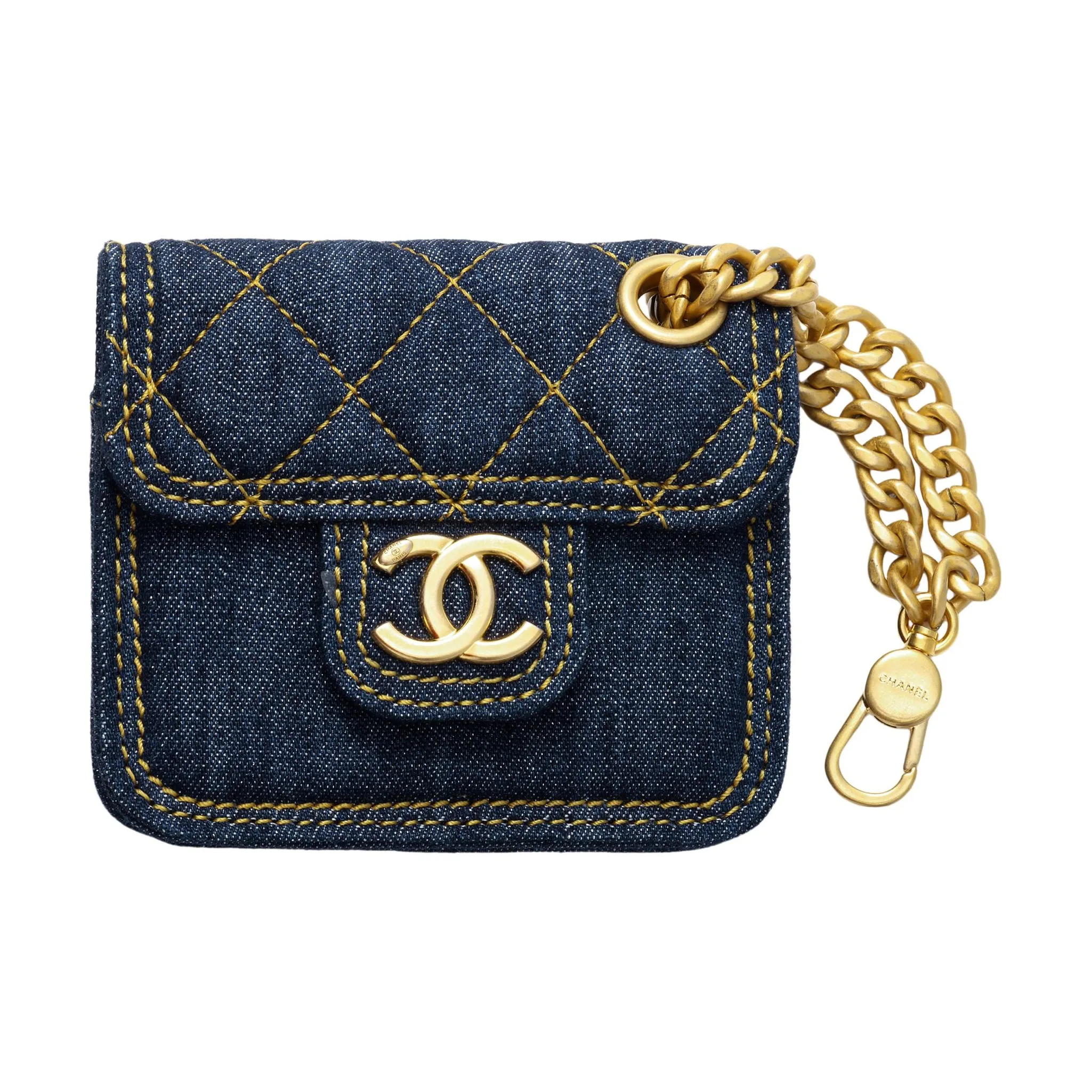 CHANEL Denim Charm Bag Coin Purse Earphone Case Women's Blue