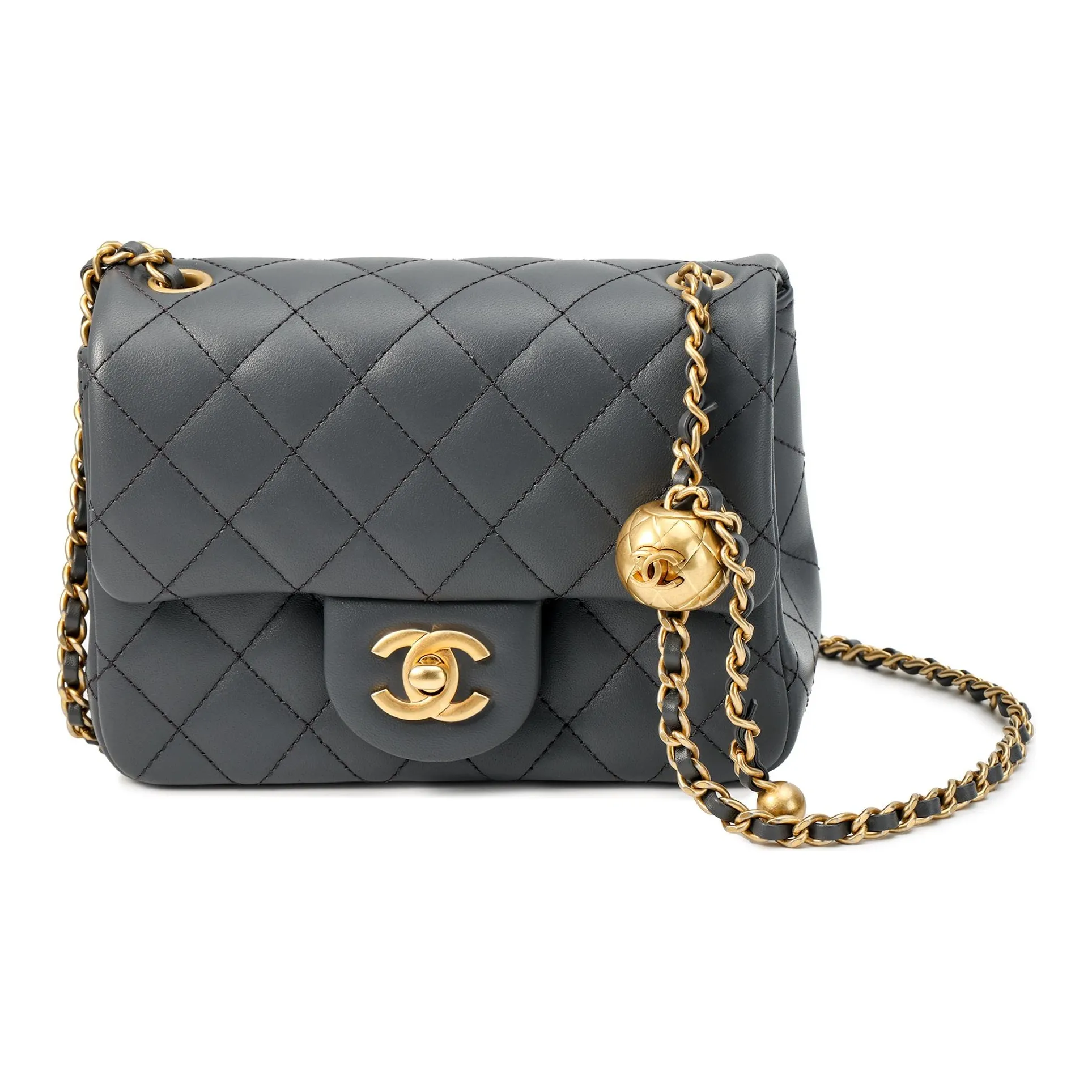 CHANEL Lambskin Gold Ball Bag, Chain Bag, Shoulder Bag, Crossbody Bag Mini Women's Dark Gray Gold Bead