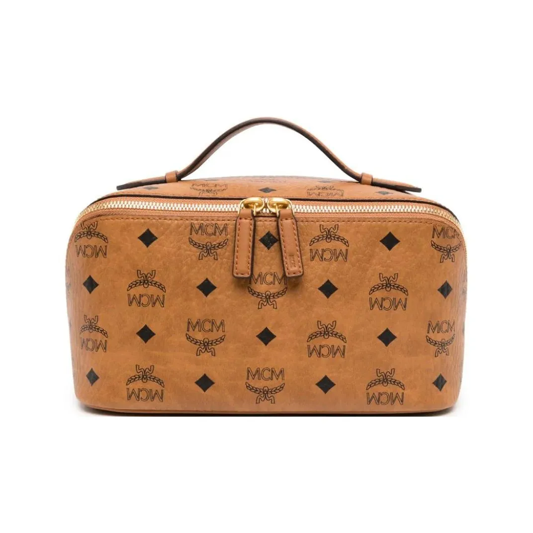 MCM Ottomar Canvas With Leather Handbag Makeup Bag Toiletry Bag Women's Cognac