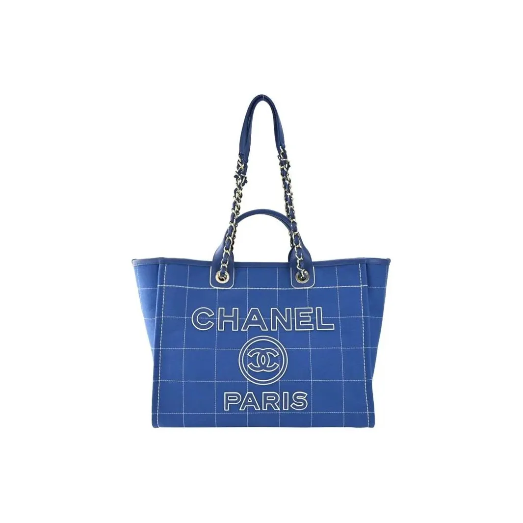 CHANEL Deauville Plaid Canvas Tote Bag, Shopping Bag, Handbag Tubas Women's Blue