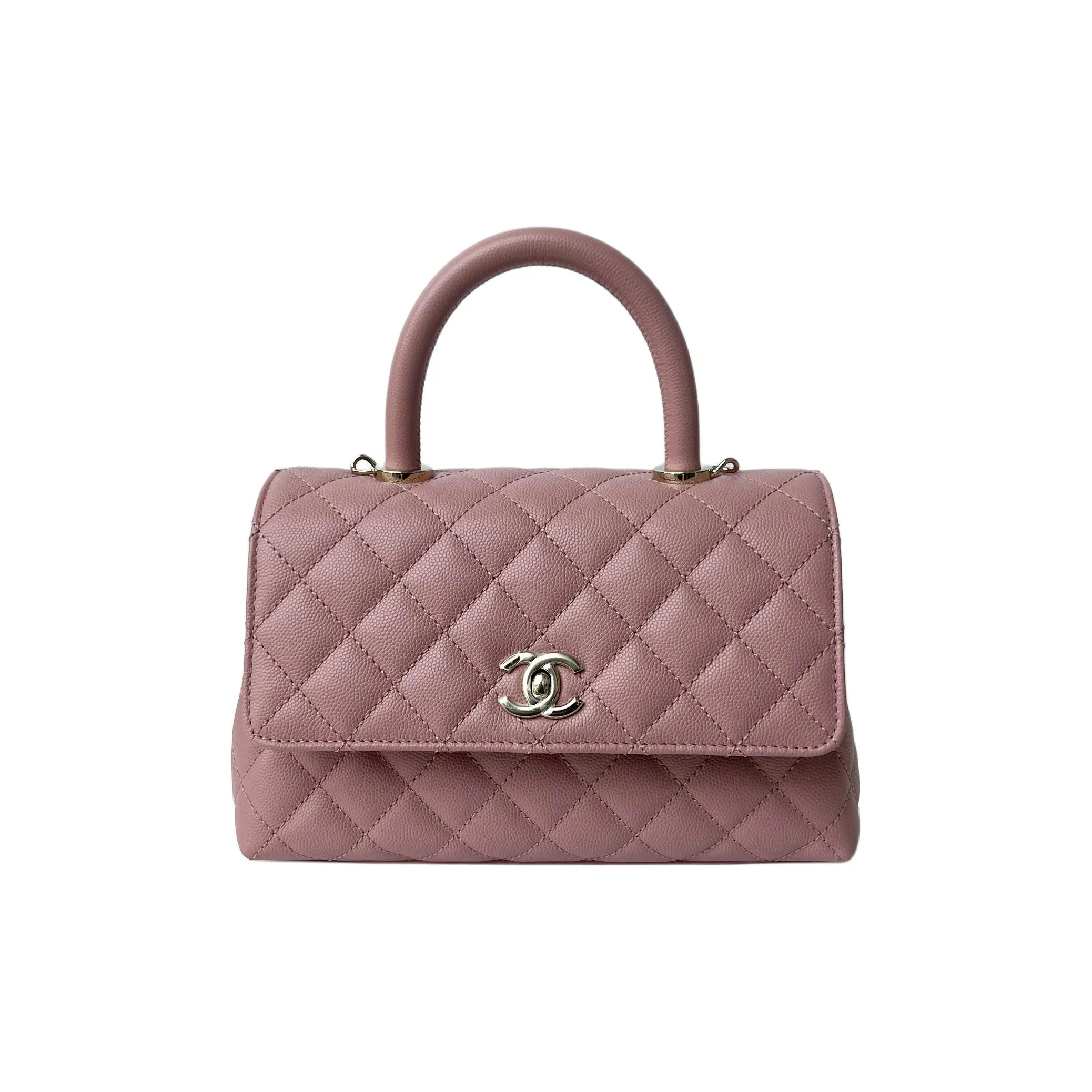 CHANEL Coco Handle Litchi Grain Cow Leather Handbag Shoulder Bag Crossbody Bag Small Size Women's Smoke Pink