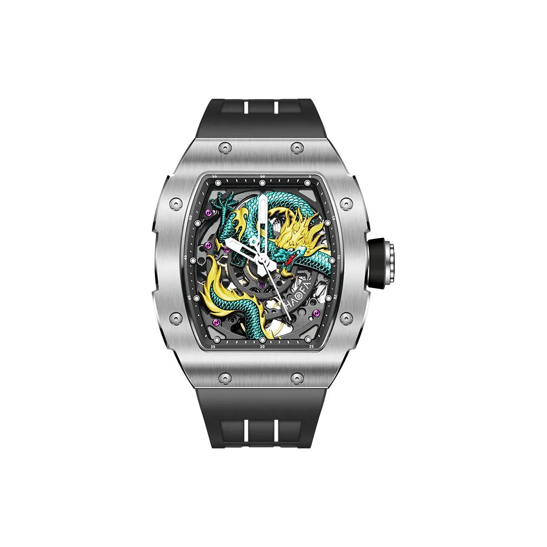 HaofaTourbillon Arknights Series Mechanical Movement Rubber Strap Watch Men's Watches Cut-Out Dial 1968A