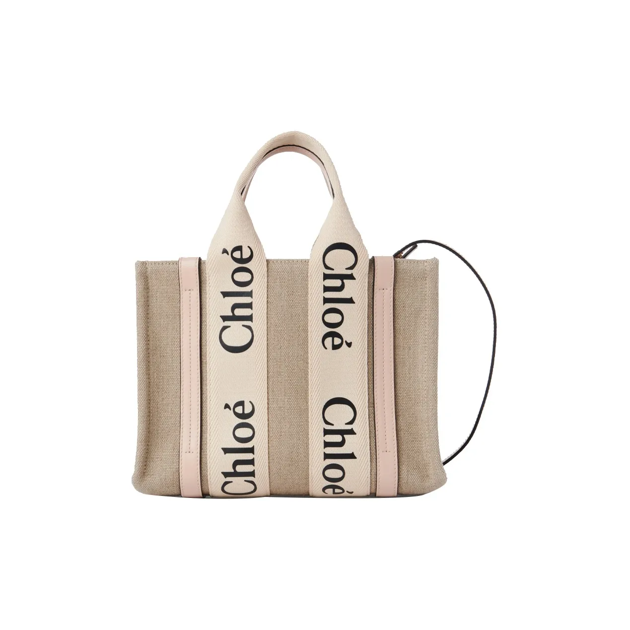 Chloe Woody Linen With Canvas And Calfskin Detail Tote Bag, Shopping Bag, Handbag Trumpets Women's Pink