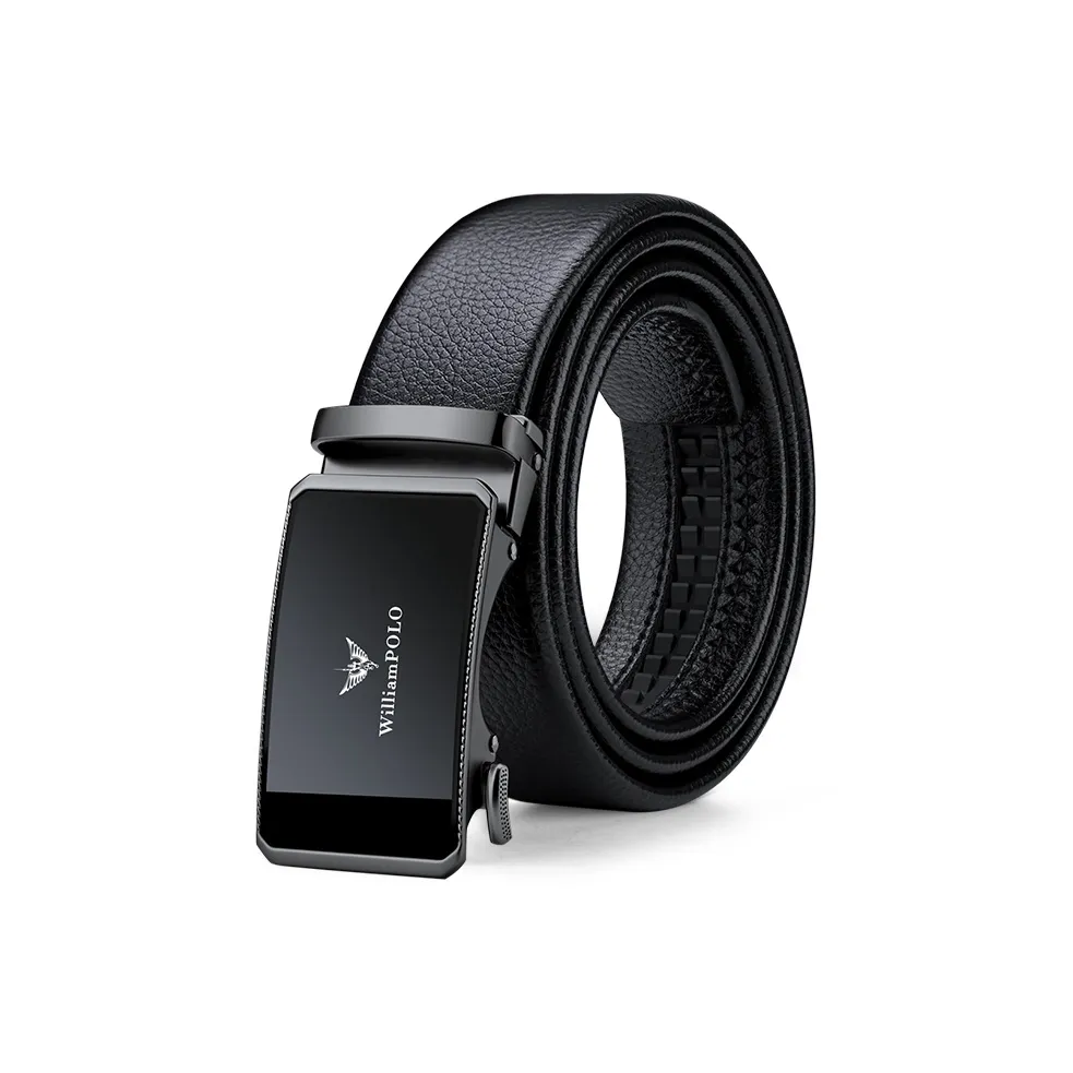 WilliamPOLO Cow Leather Leather Belts Men's Gunmetal Buckle Silver Logo Width  3.5cm