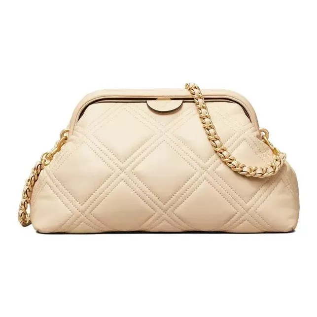 TORY BURCH Fleming Nappa Leather Clutch, Shoulder Bag, Crossbody Bag Trumpets Women's Cream White