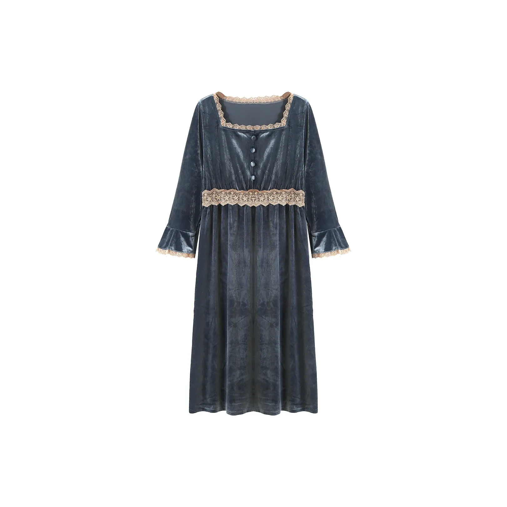 Flowers In Water Pleuche Nightgown Home Dress Women's Gray Blue