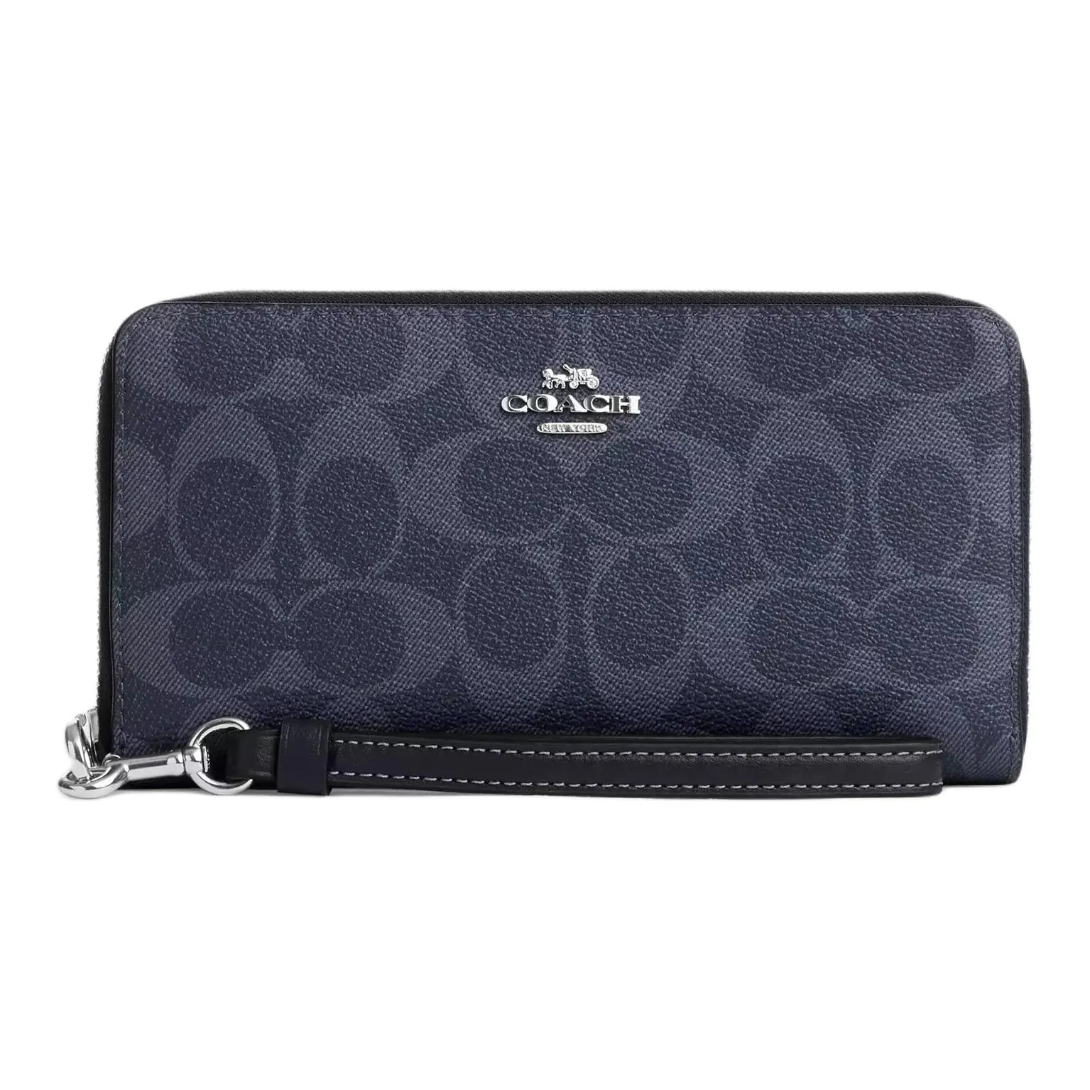 COACH Zip Around Coated Canvas With Smooth Leather Handheld Wallet Small Size Unisex Midnight Navy