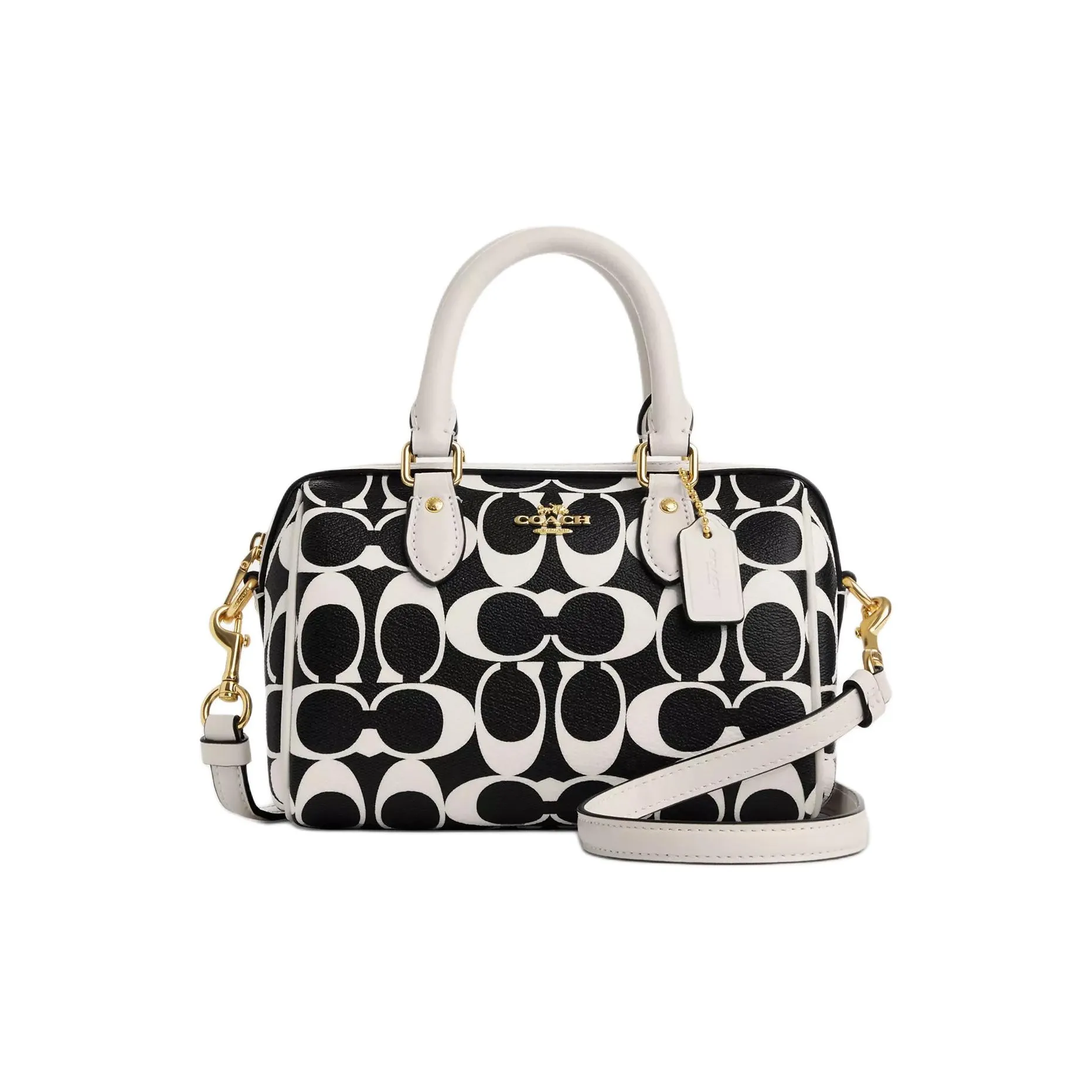 COACH Rowan Canvas With Leather Handbag Shoulder Bag Crossbody Bag Mini Women's Gold & Black Multicolor